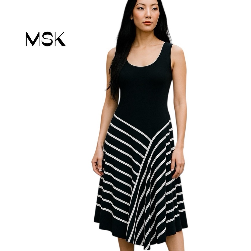 MSK Black White Striped Sleeveless Asymmetrical Midi Dress NWOT Size M